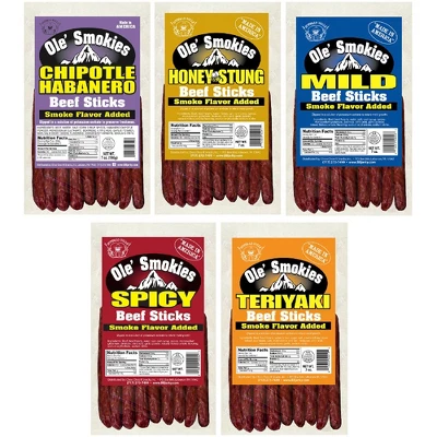 Buffalo Bills 5-ct Assorted Ole Smokies (Beef Sticks) Sampler - Five 7oz Packs 1 Buffalo Bills 5-ct Assorted Ole Smokies (Beef Sticks) Sampler - Five 7oz Packs