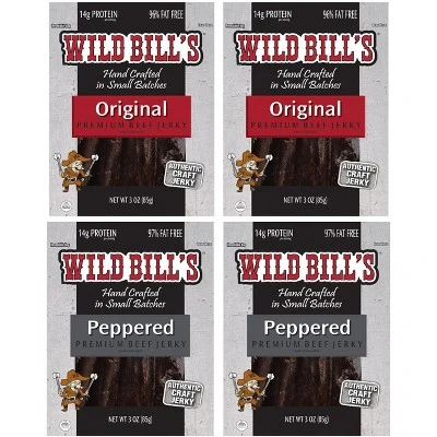 Wild Bill's 4-Piece Beef Jerky Sampler (Two 3oz Packs Each Of Original Hickory And Black Peppered) 1 Wild Bill's 4-Piece Beef Jerky Sampler (Two 3oz Packs Each Of Original Hickory And Black Peppered)
